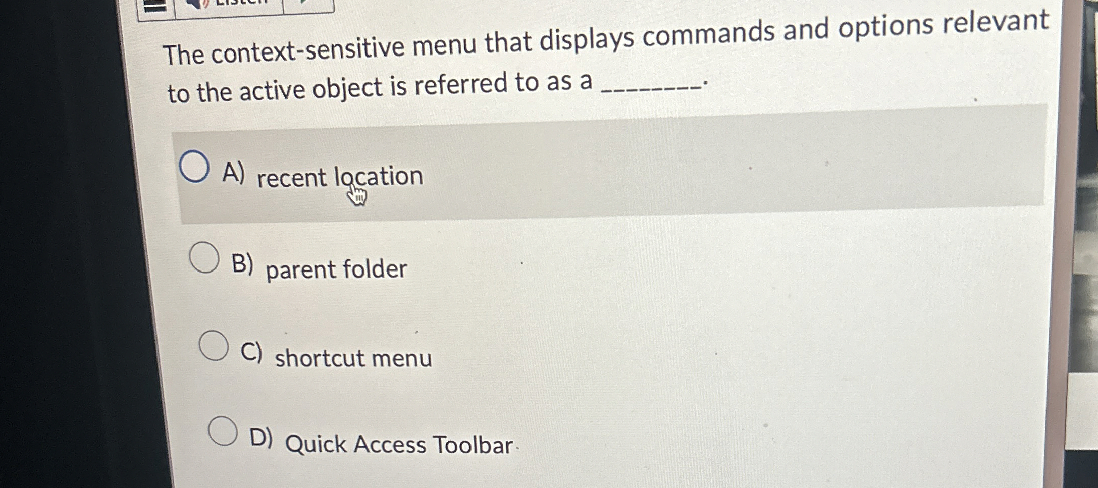 The context - sensitive menu that displays