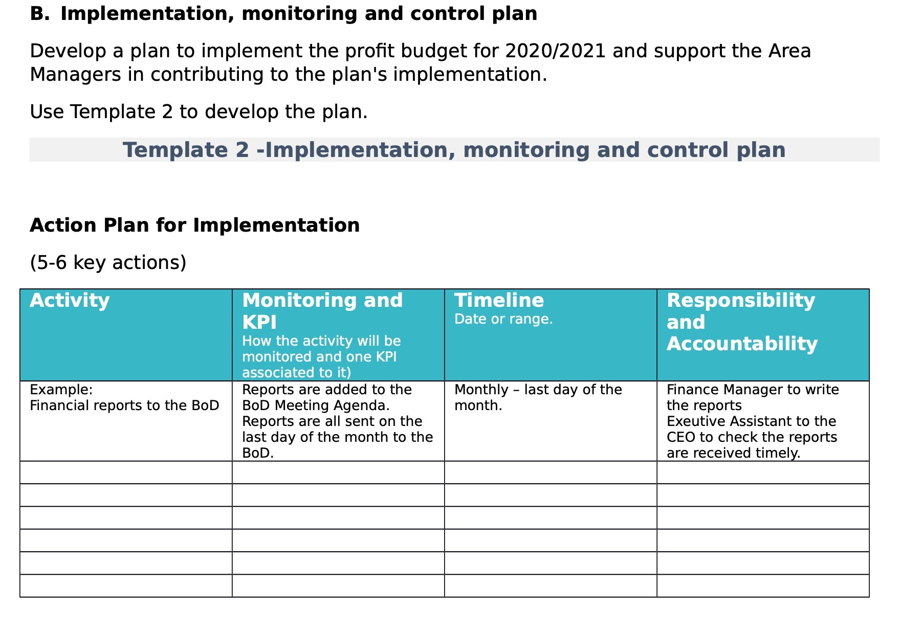 B. Implementation, monitoring and control plan