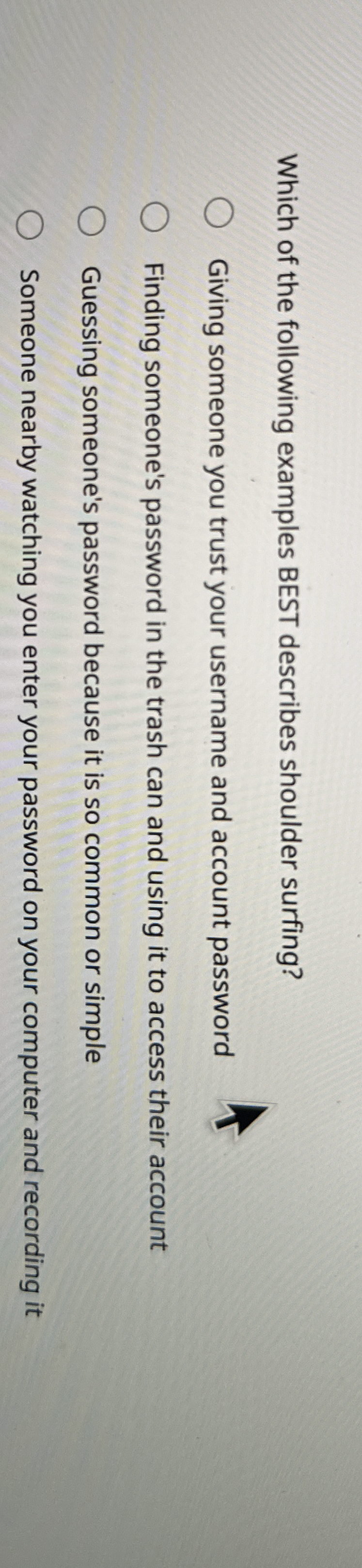 Which of the following examples BEST describes