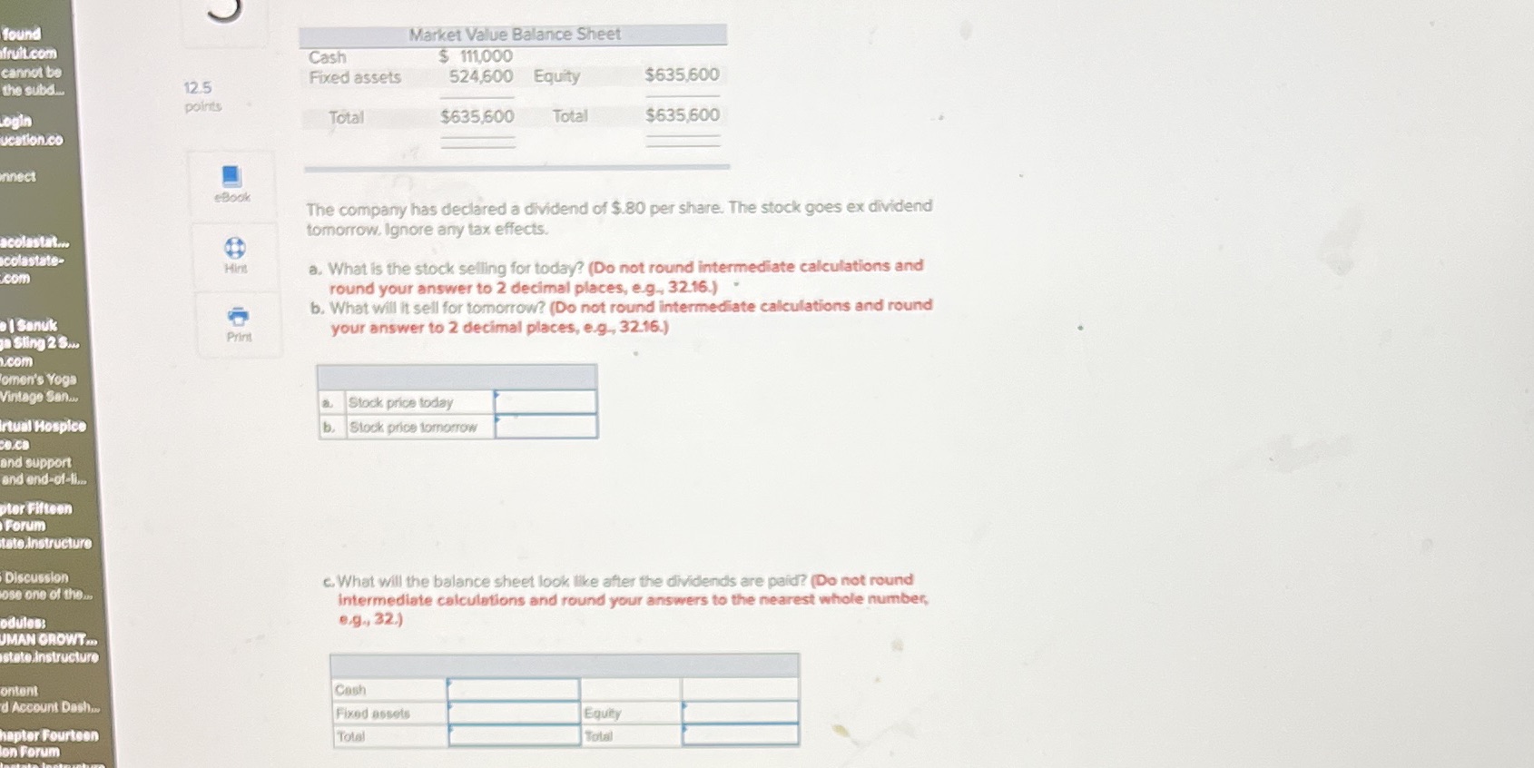found Market Value Balance Sheet fruit.com Cash $