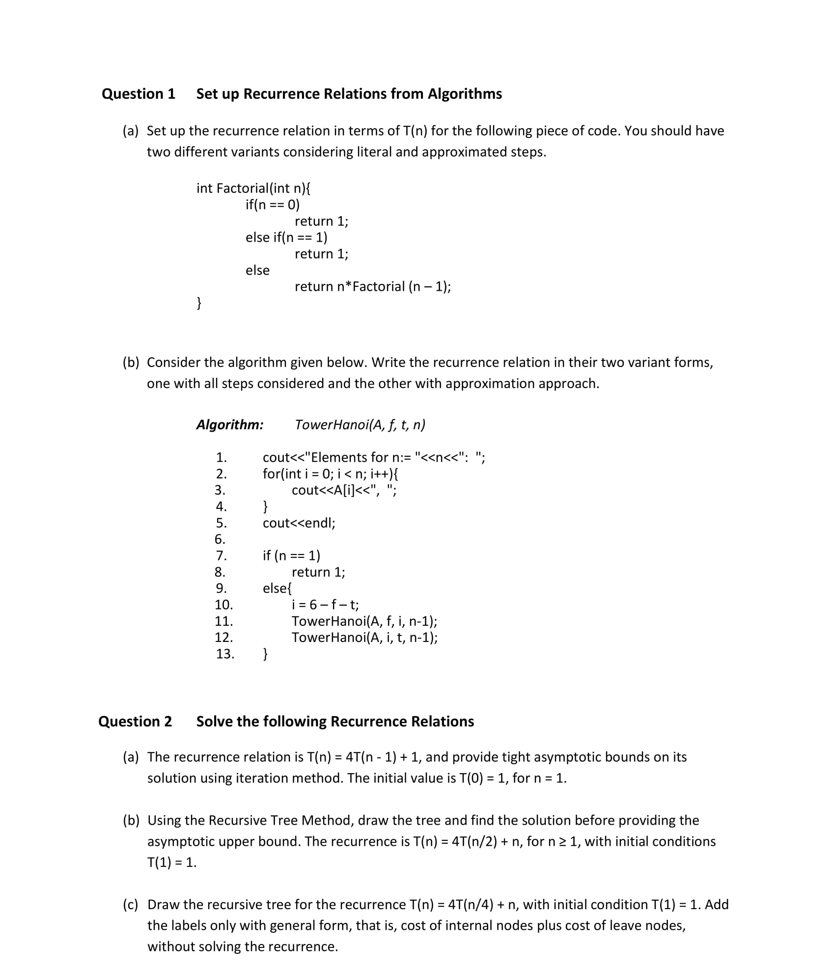 Question 1 Set up Recurrence Relations from