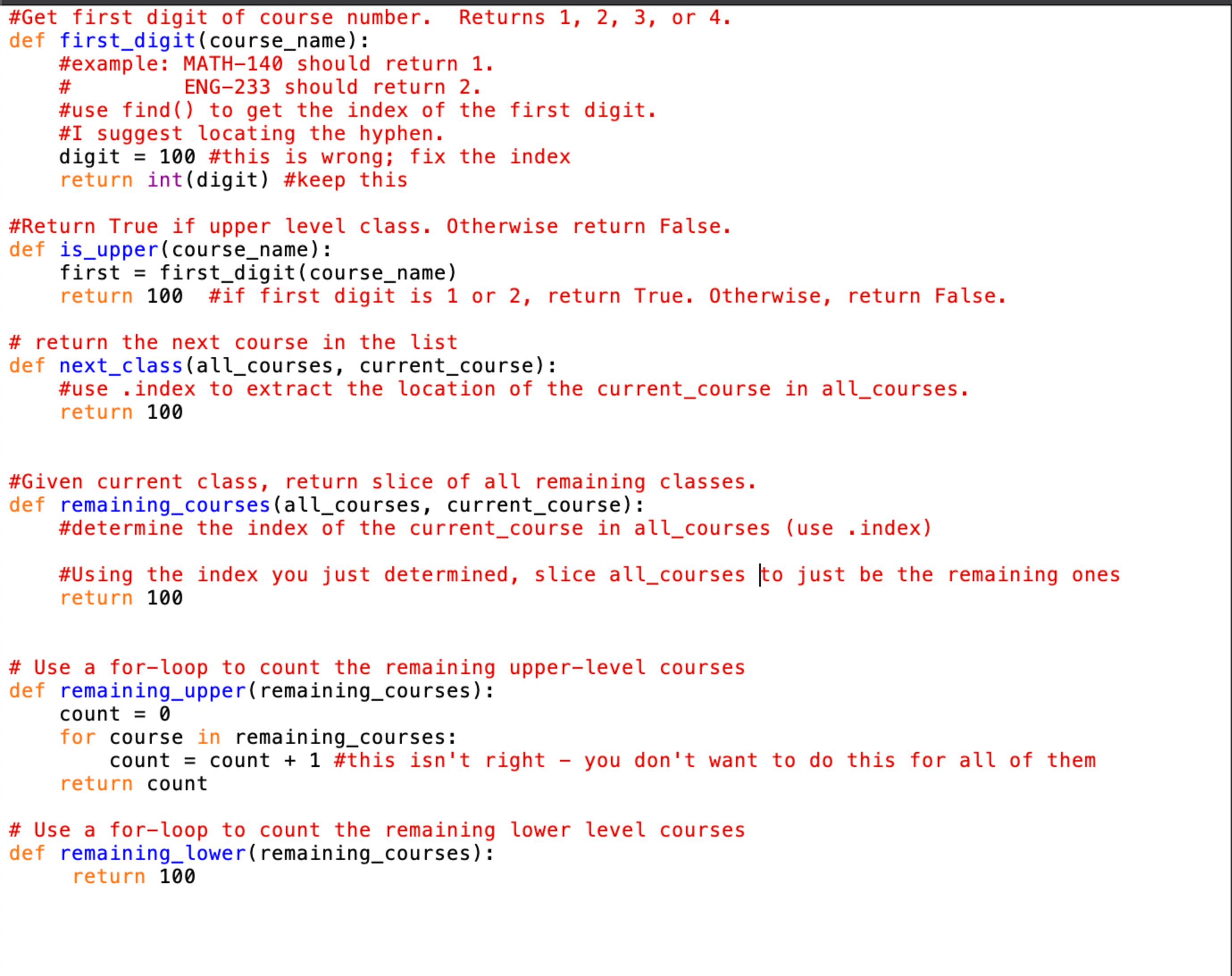 #Get first digit of course number. Returns 1 , 2