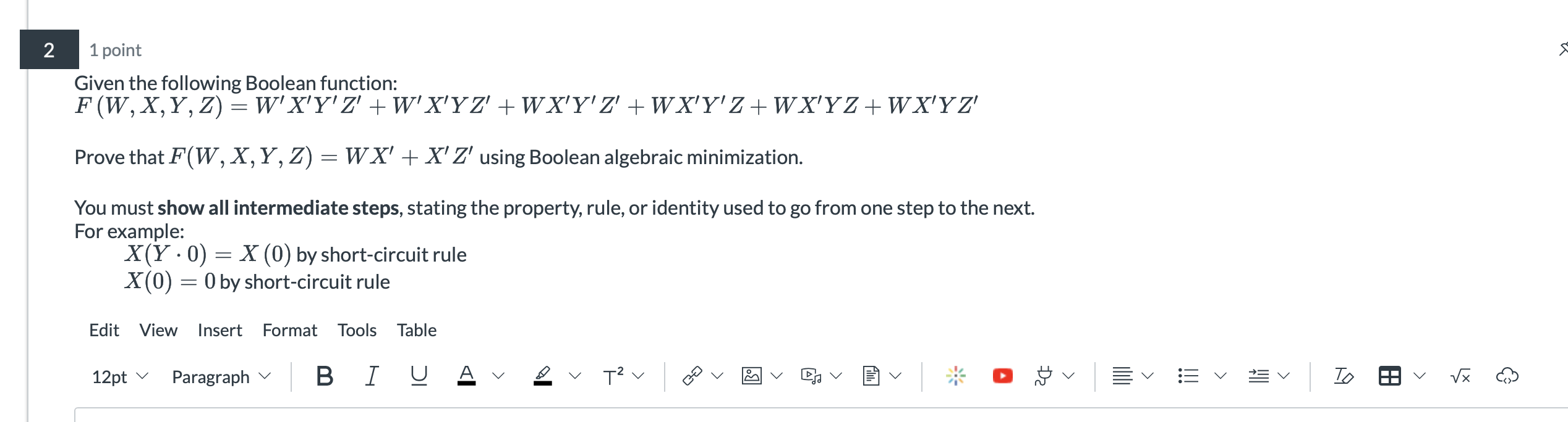 Given the following Boolean function: F ( W , x ,