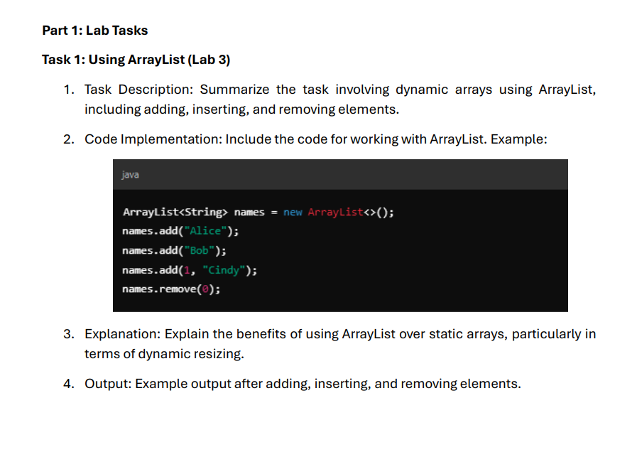 Part 1 : Lab Tasks Task 1 : Using ArrayList ( Lab