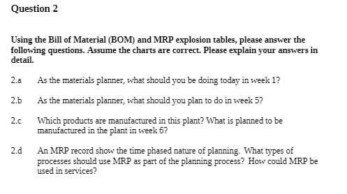 Question 2 Using the Bill of Material (BOM) and