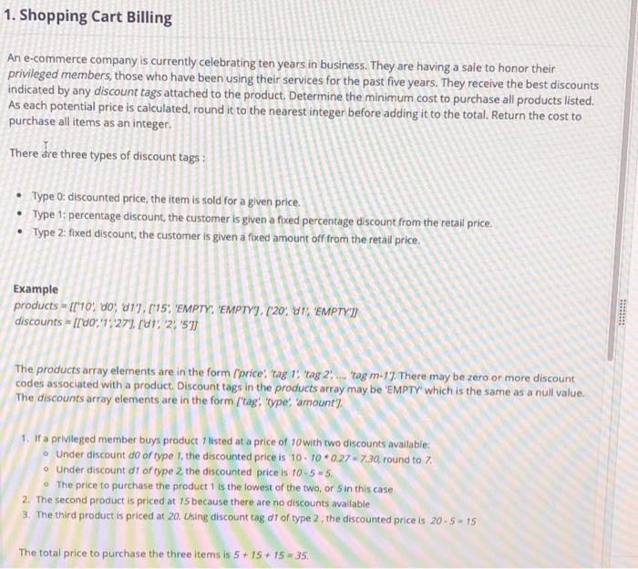 Shopping Cart Billing An e - commerce company is