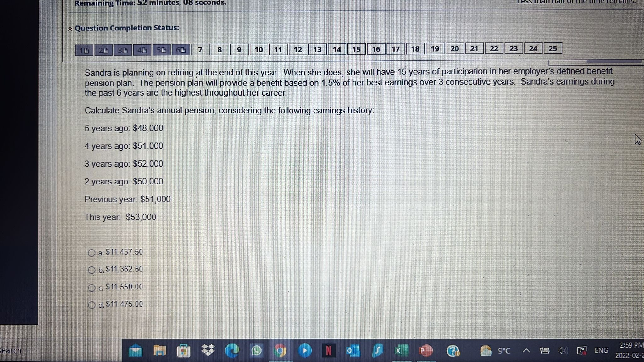 Remaining Time: 52 minutes, 08 seconds. Question