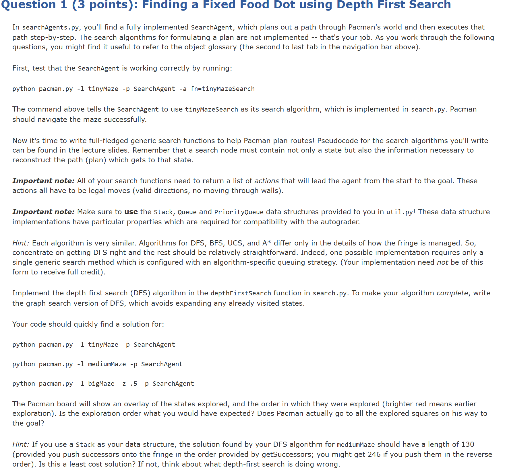 Question 1 ( 3 points ) : Finding a Fixed Food