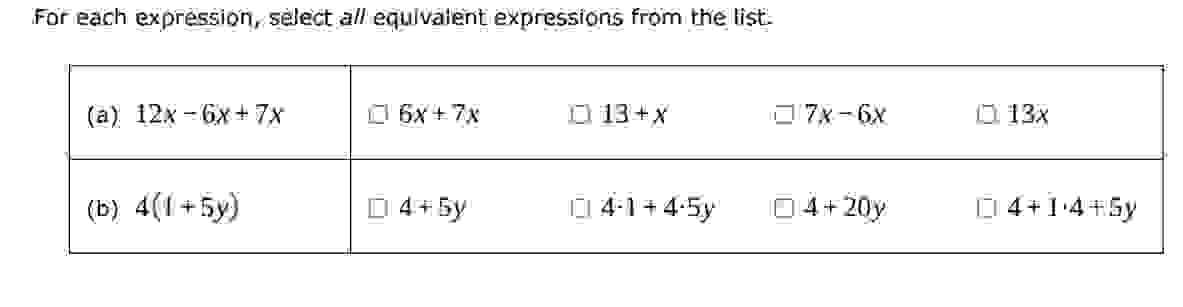 For each expression, select all equivatient