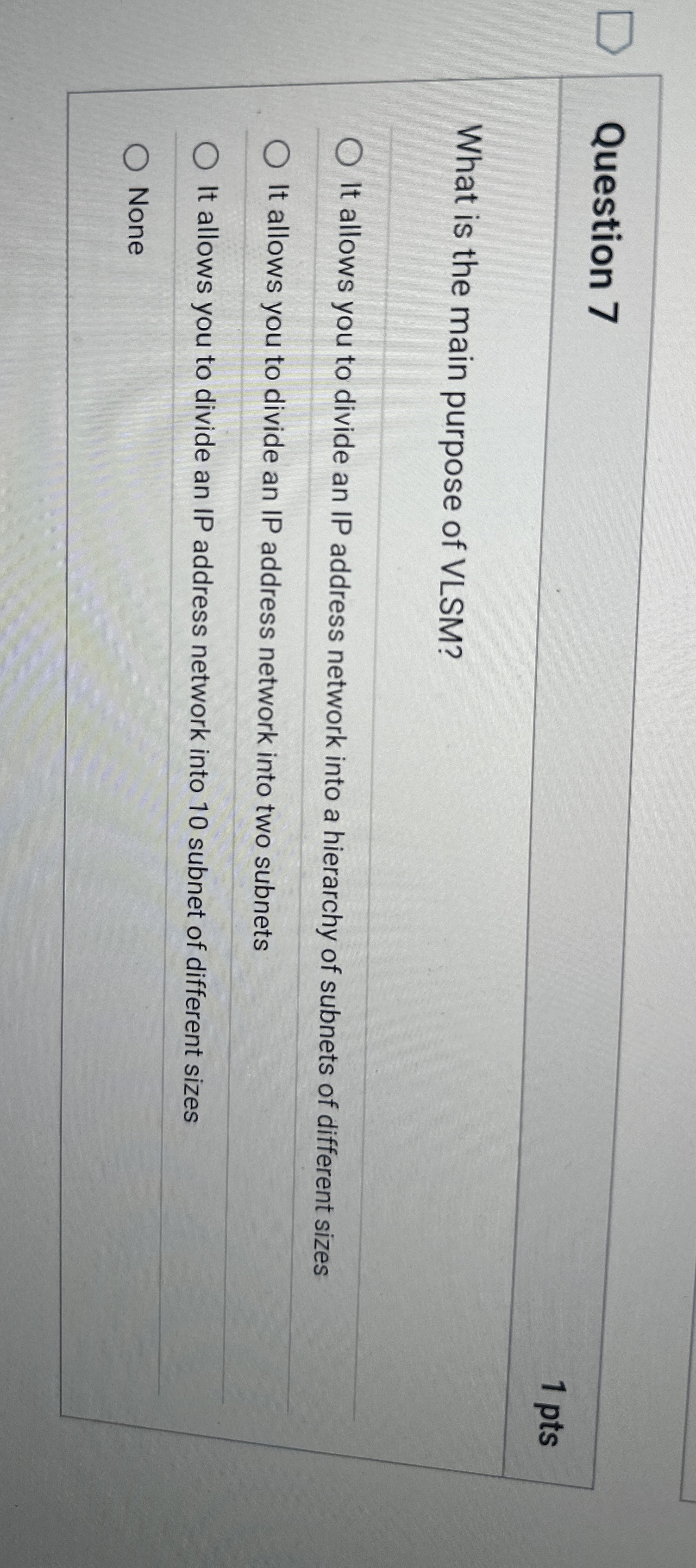Question 7 What is the main purpose of VLSM ? It