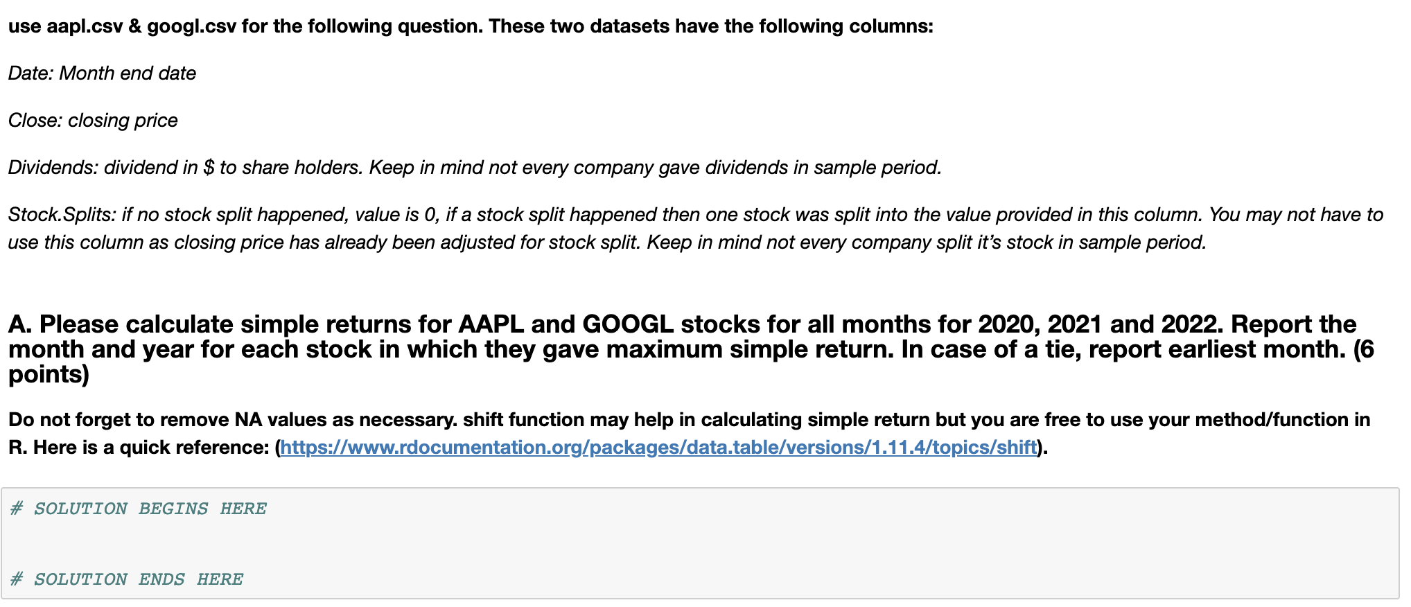 Using R, please calculate simple returns for AAPL