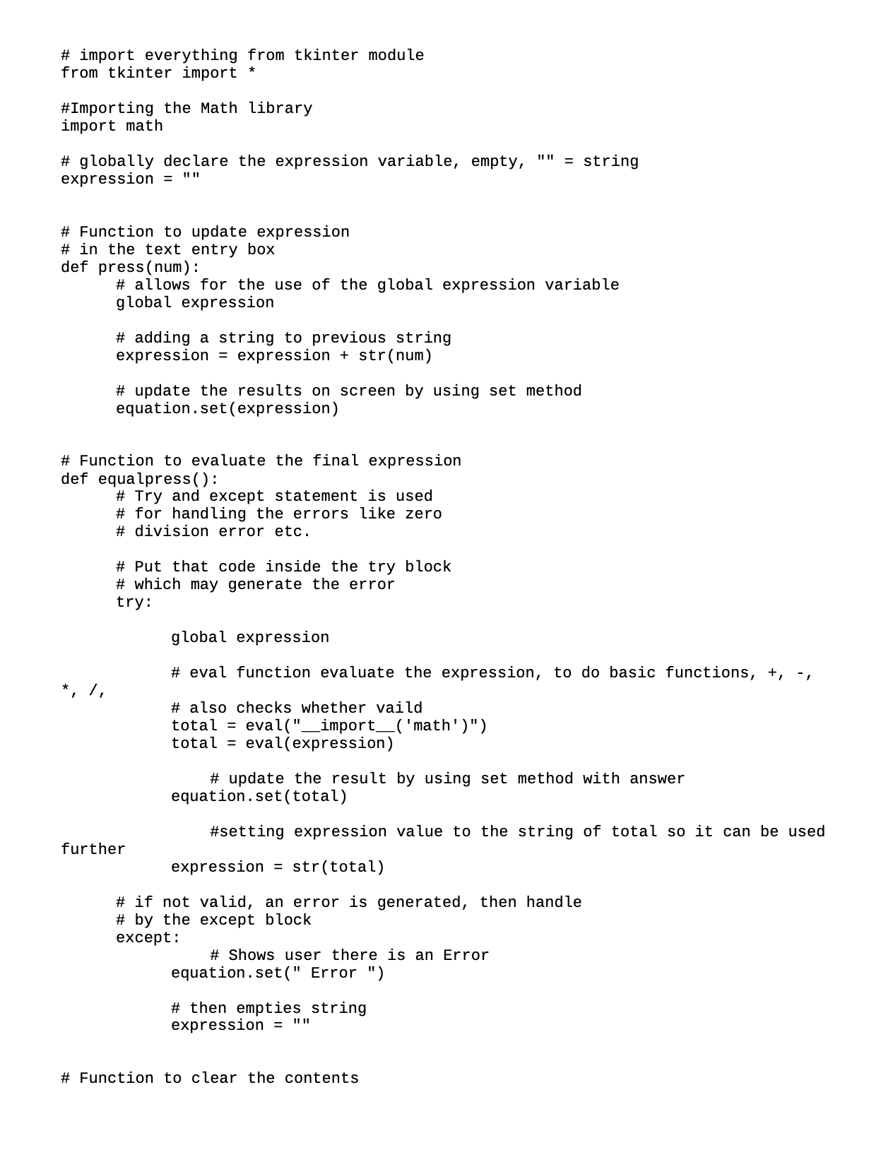 Create a python code for a calculator to Create
