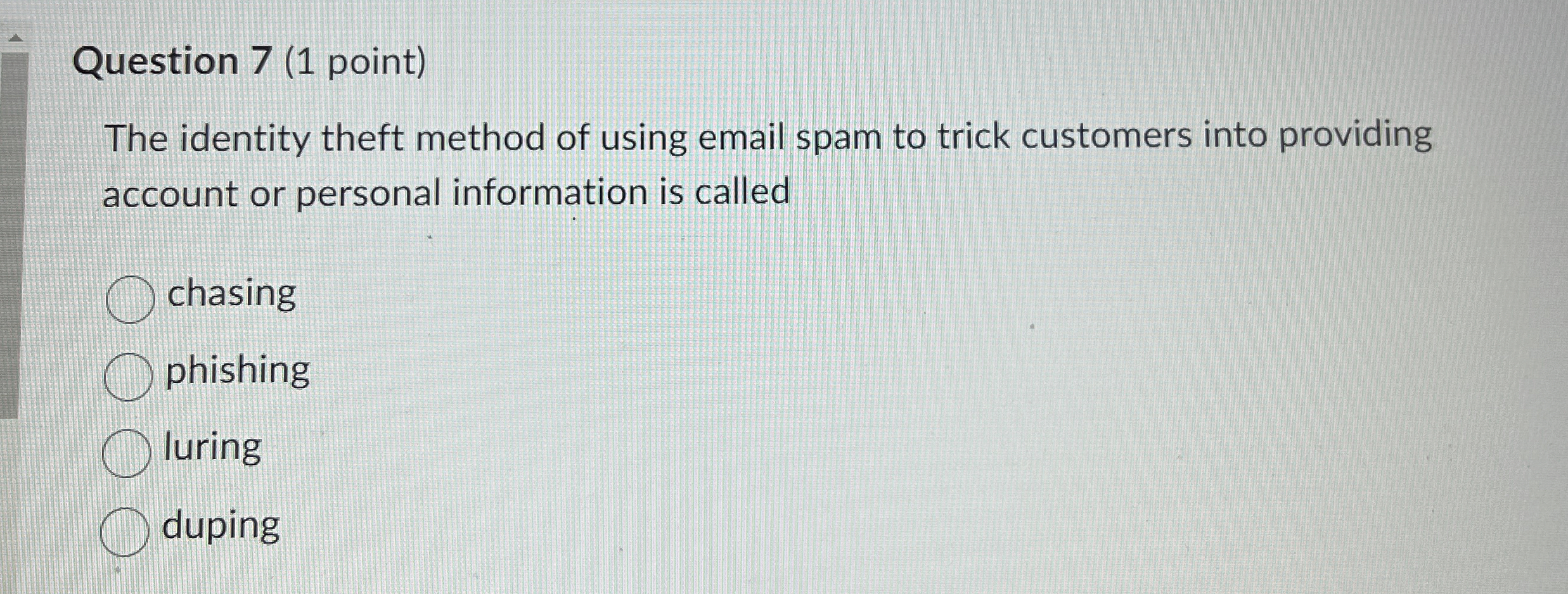 Question 7 ( 1 point ) The identity theft method