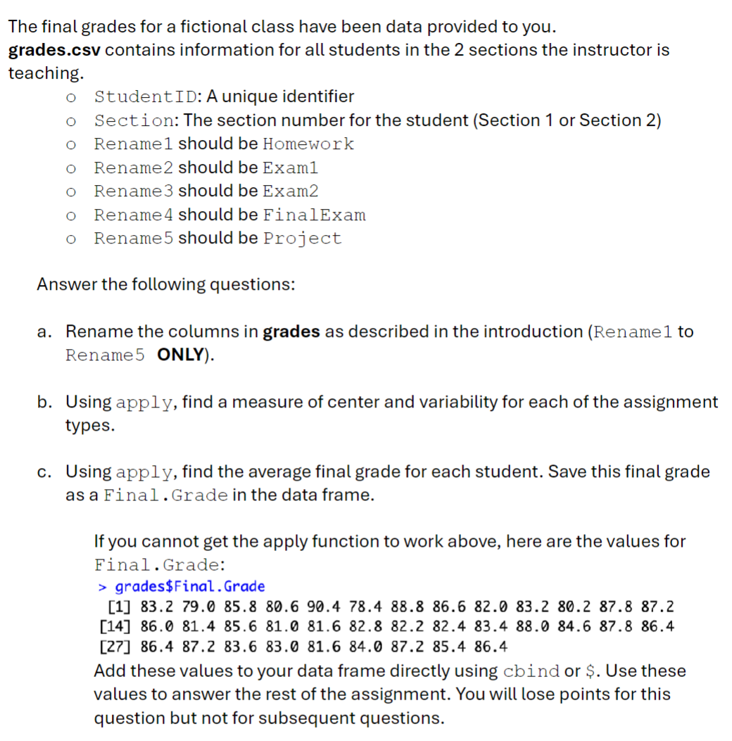 The final grades for a fictional class have been