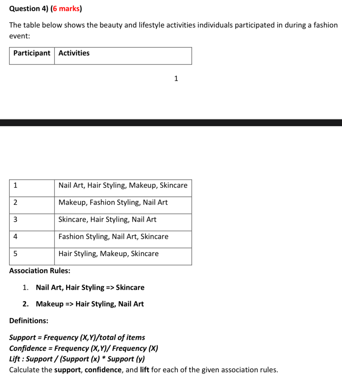 Question 4 ) ( 6 marks ) The table below shows