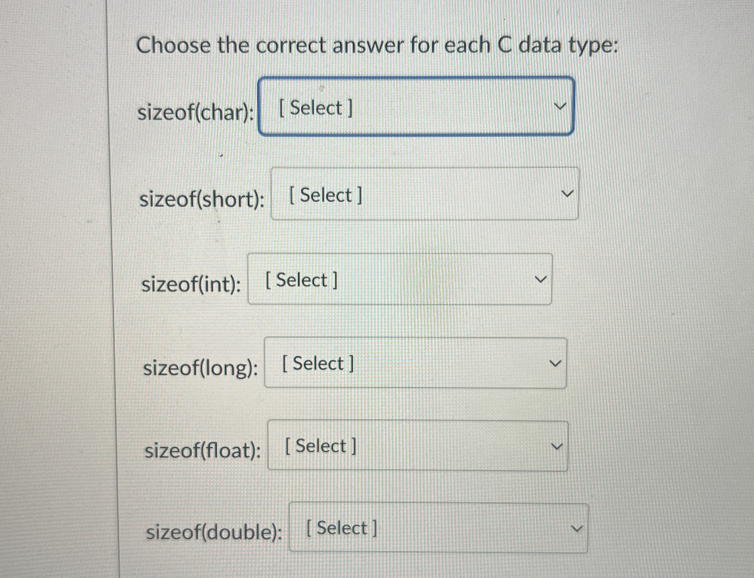 Choose the correct answer for each C data type: