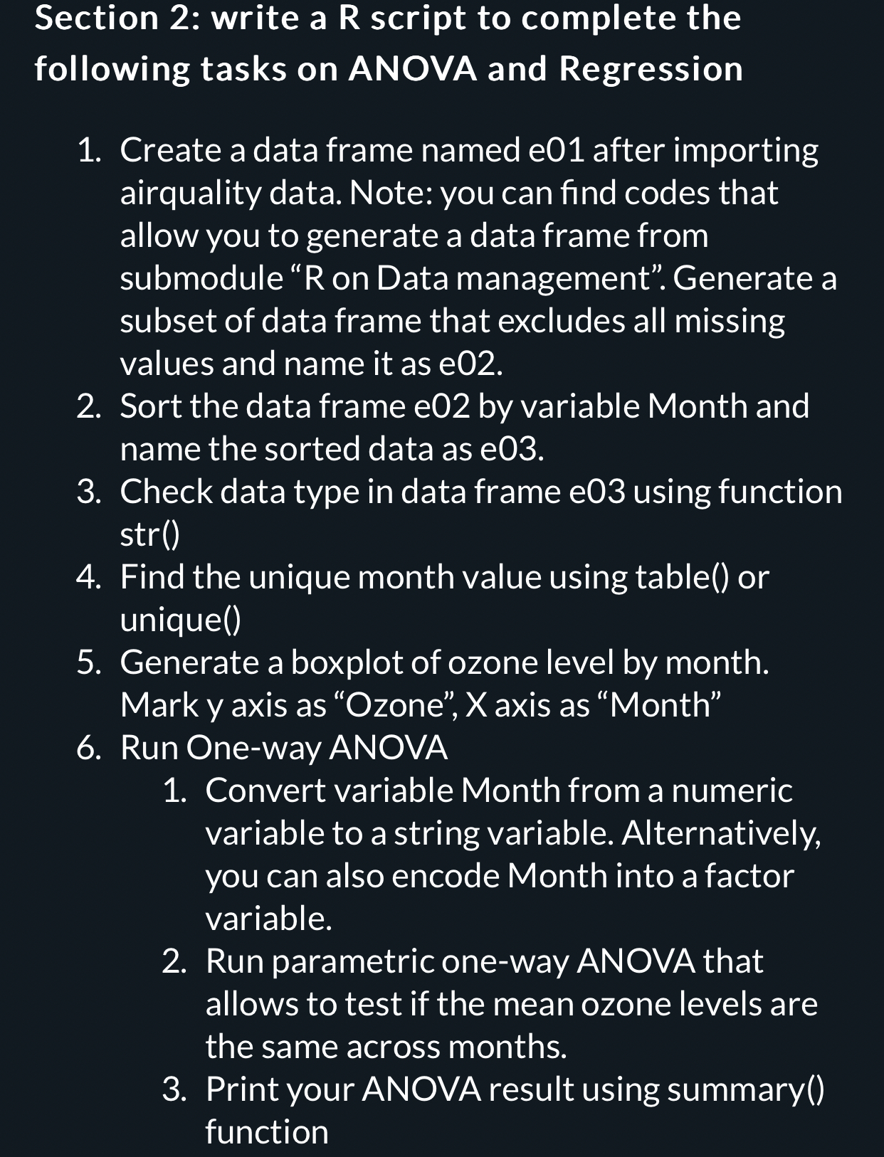 Section 2 : write a R script to complete the