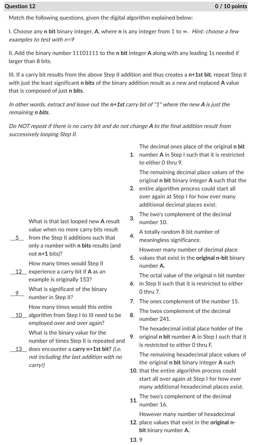 Question 1 2 Match the following questions, given