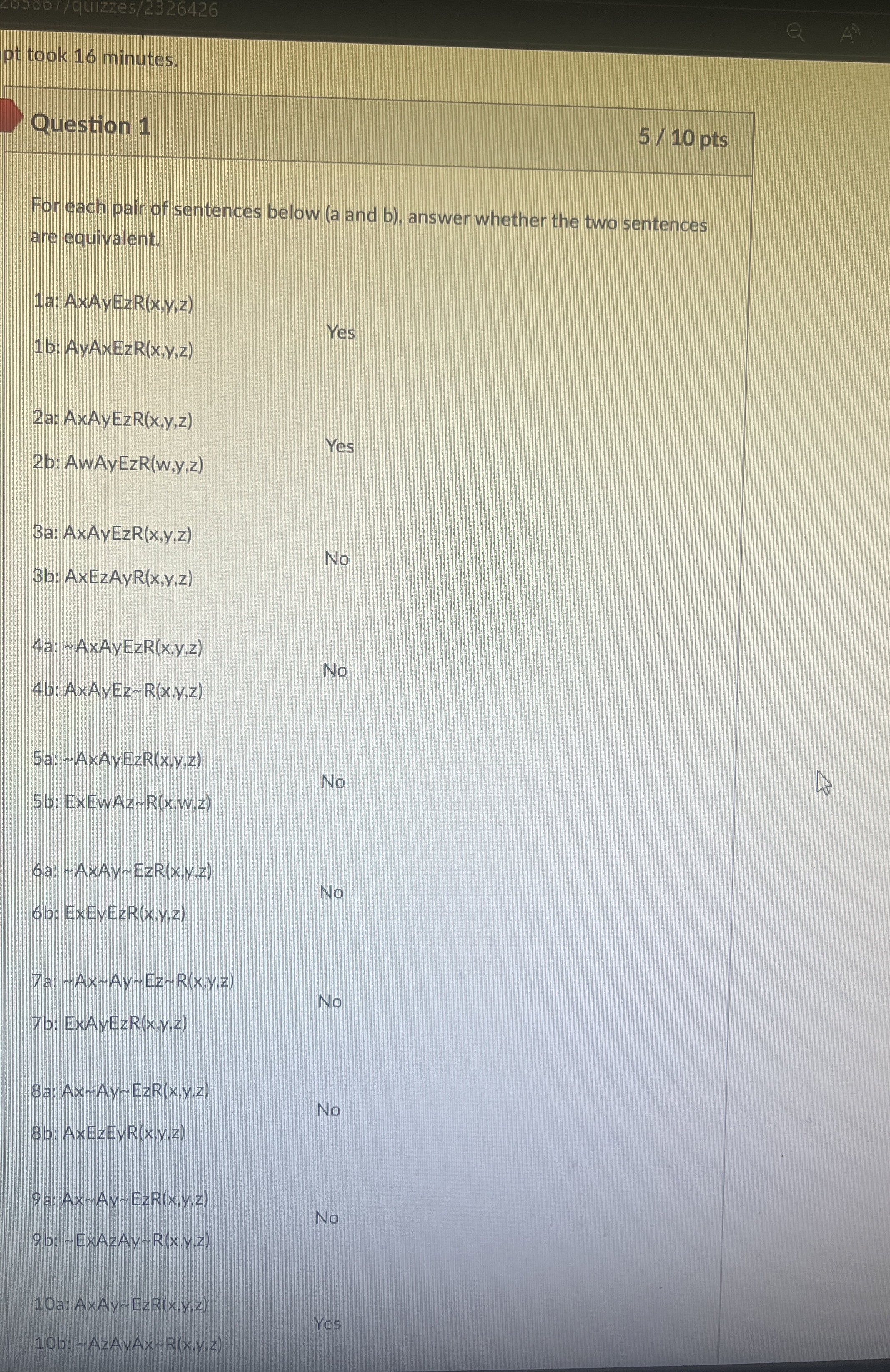 pt took 1 6 minutes. Question 1 5 / 1 0 pts For