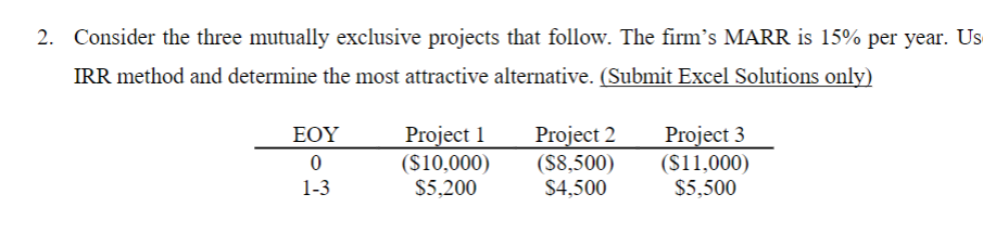 2. Consider the three mutually exclusive projects