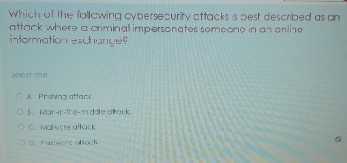 Which of the following cybersecurity attacks is