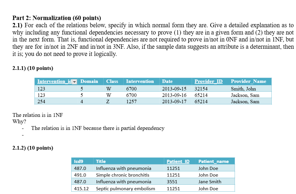 Part 2 : Normalization ( 6 0 points ) 2 . 1 ) For