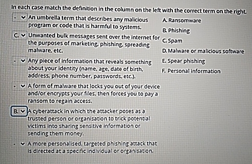 In each case match the definition in the column