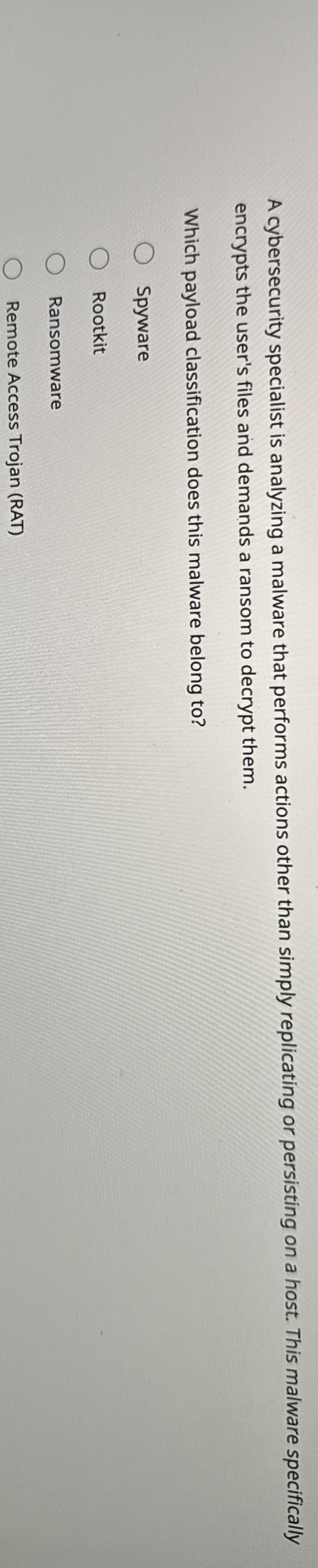 A cybersecurity specialist is analyzing a malware