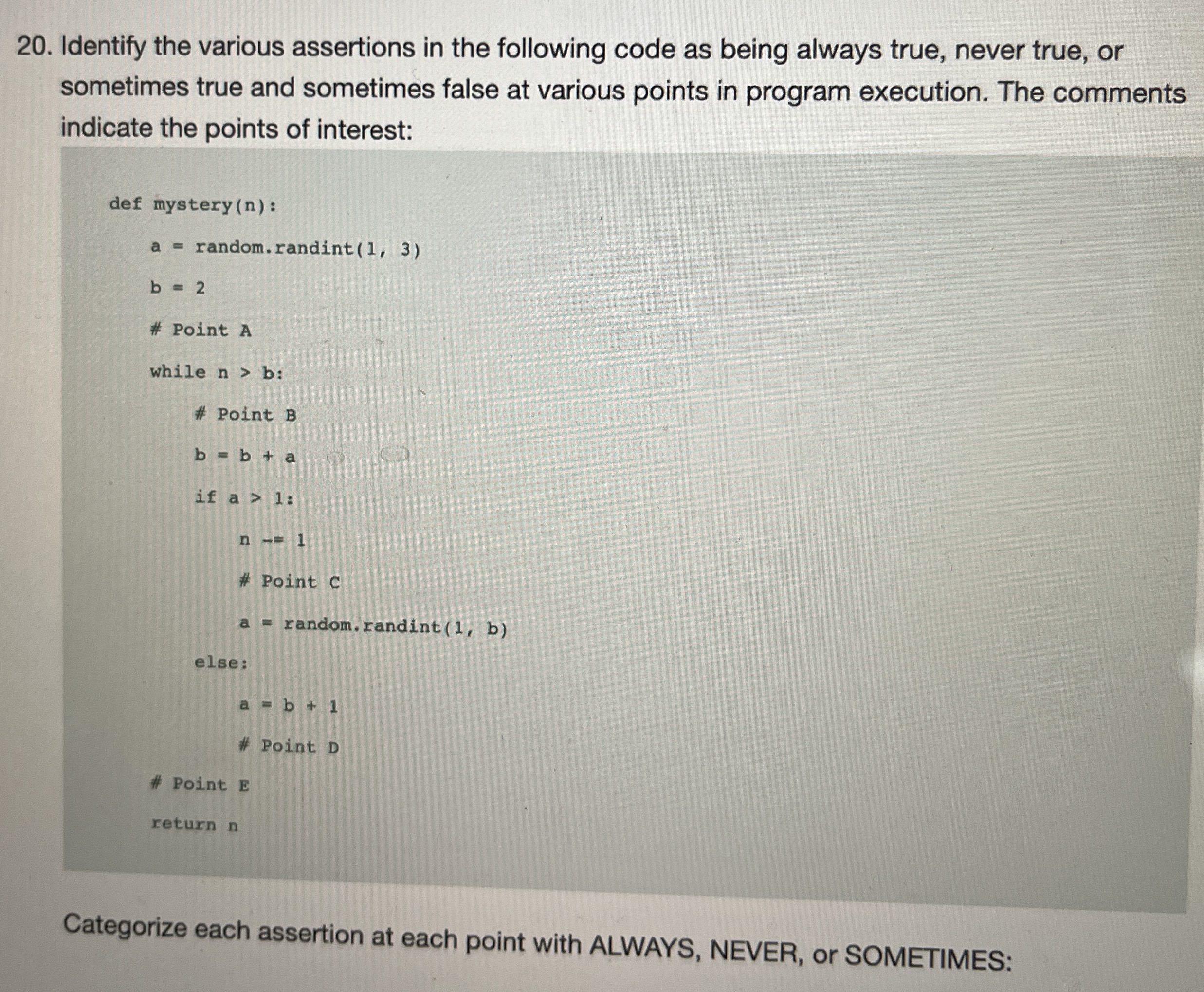 Categorize each assertion at each point with