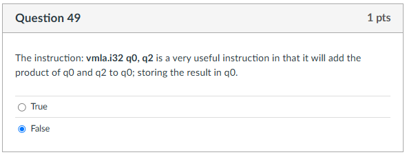 Question 4 9 The instruction: vmla.i 3 2 q 0 , q