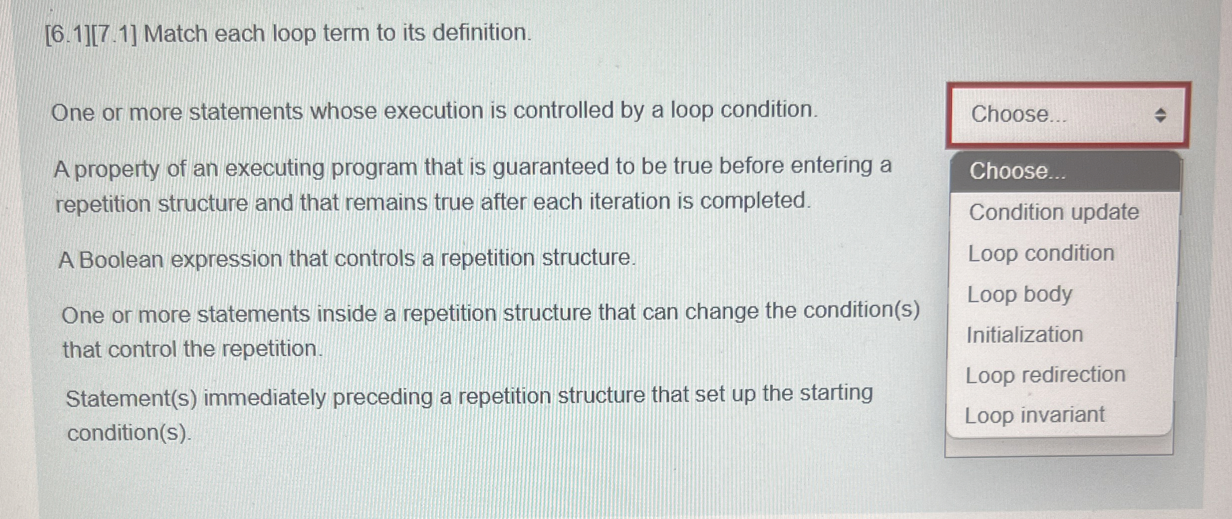 [ 6 . 1 ] [ 7 . 1 ] Match each loop term to its