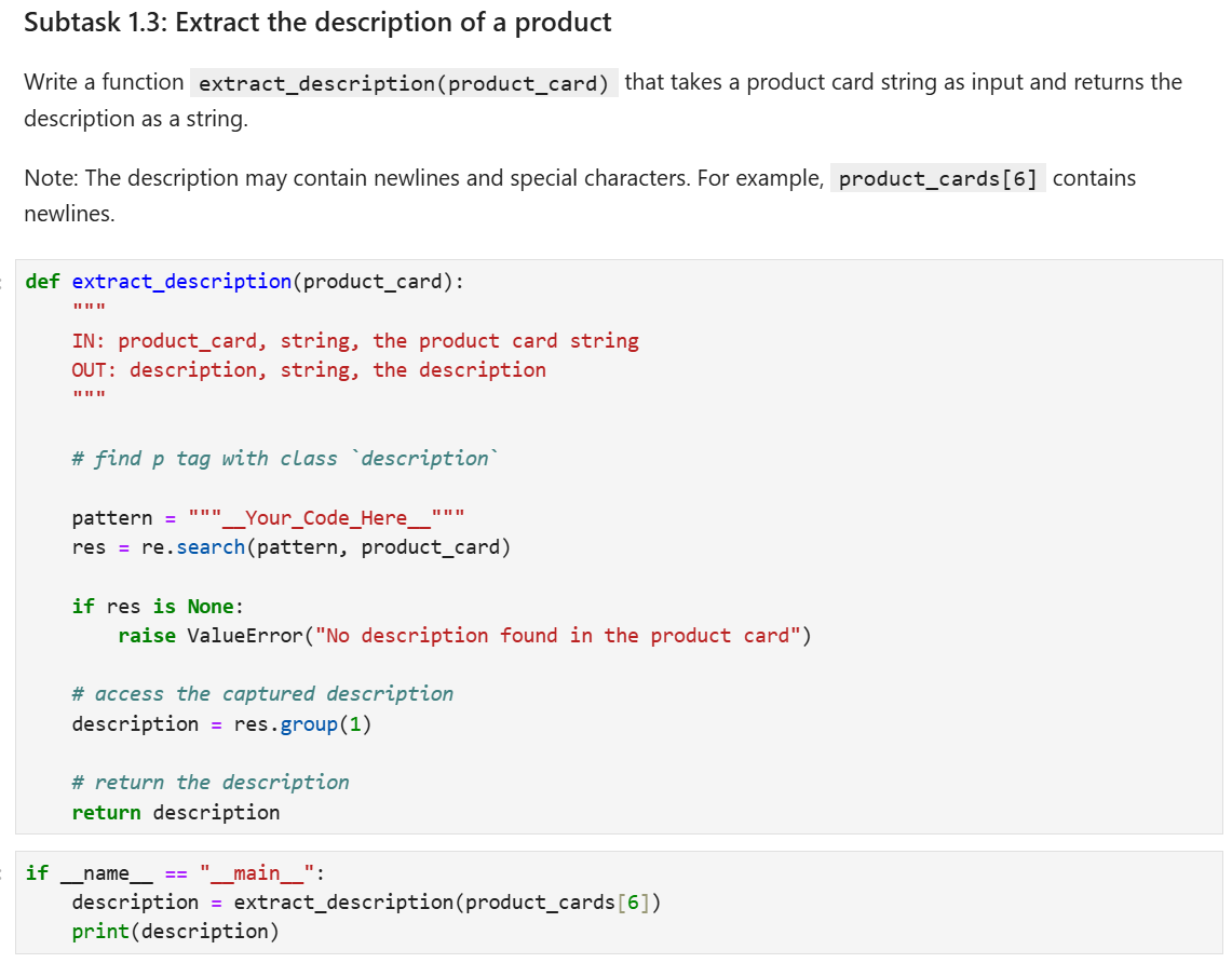 Subtask 1 . 3 : Extract the description of a