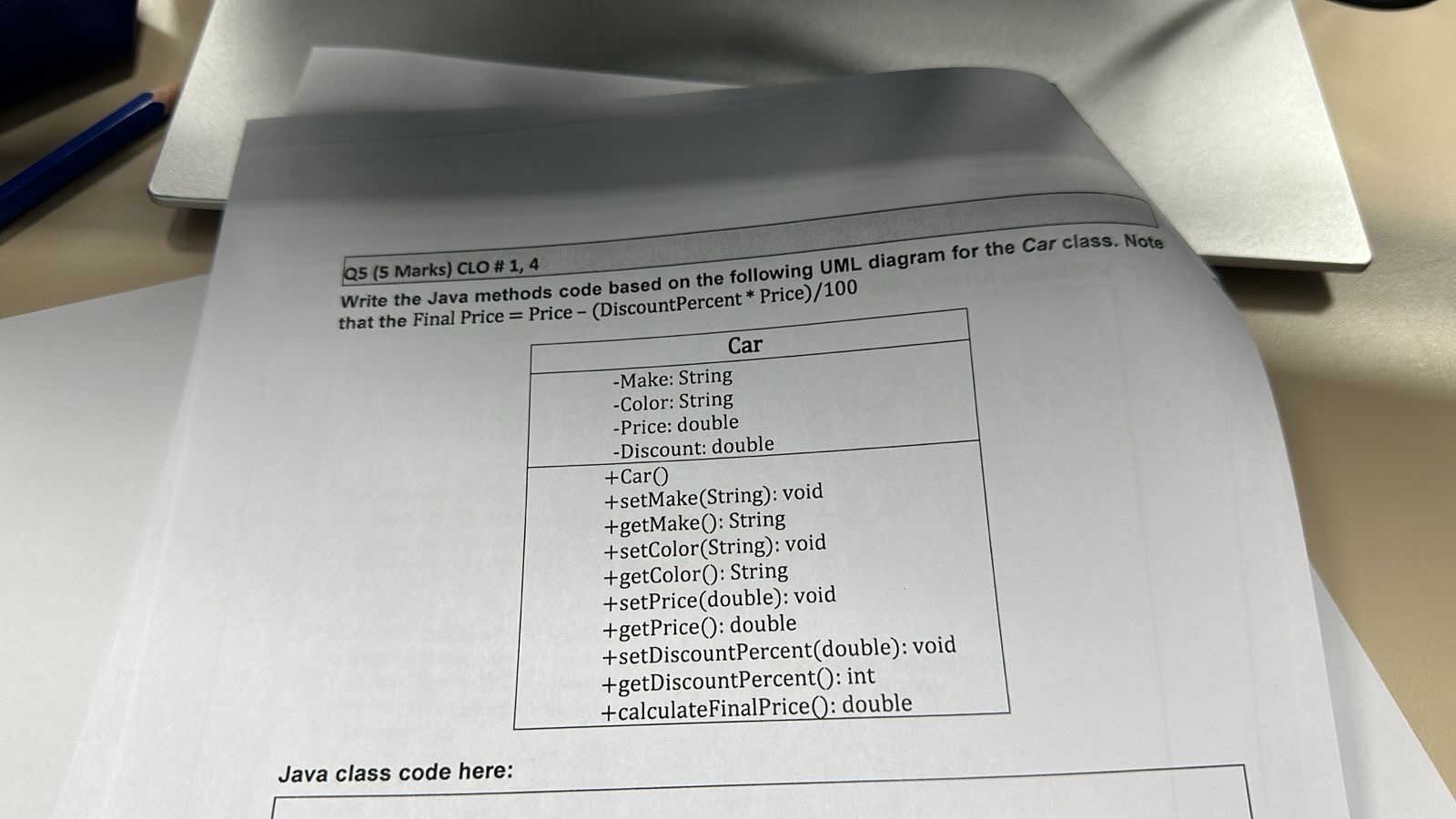 Q 5 ( 5 Marks ) CLO# 1 , 4 Write the Java methods
