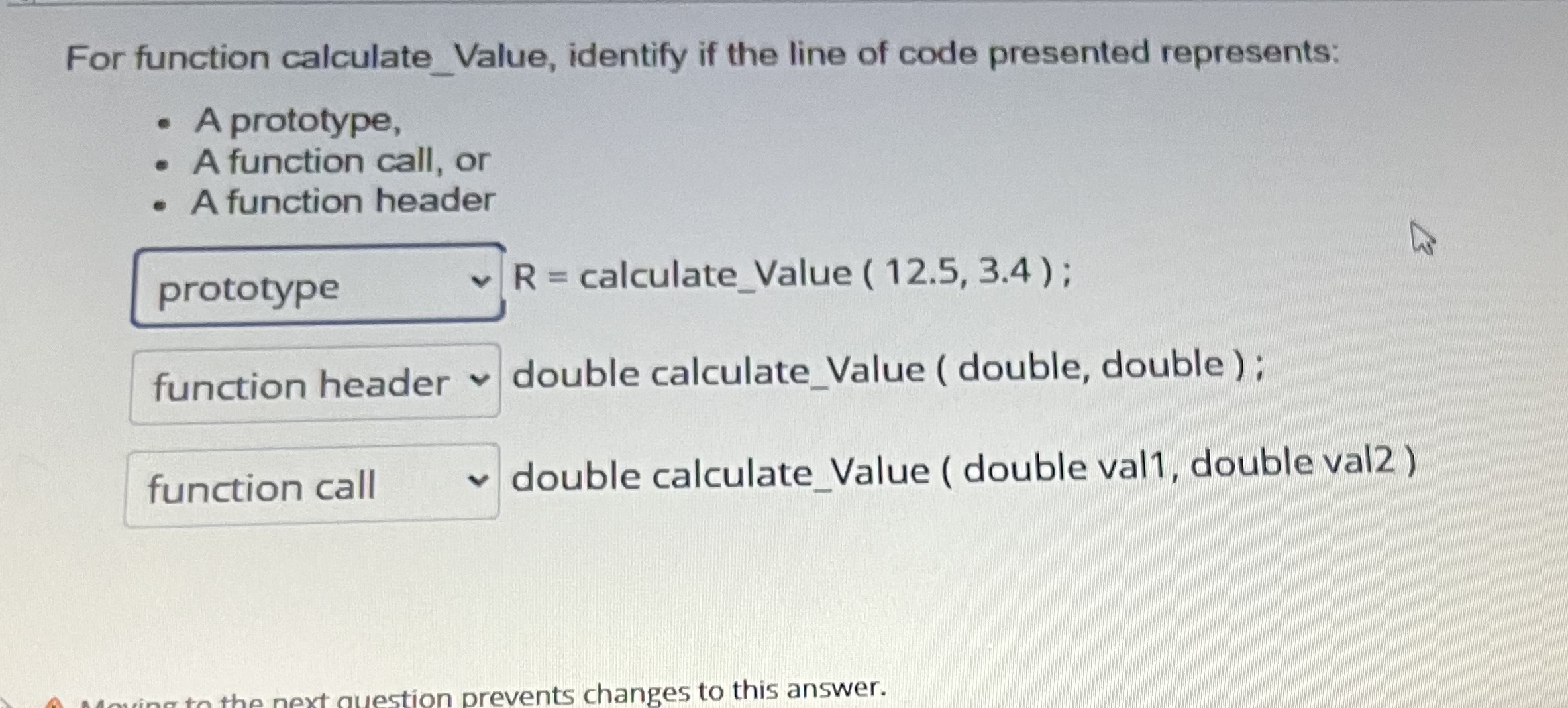 For function calculate _ Value, identify if the