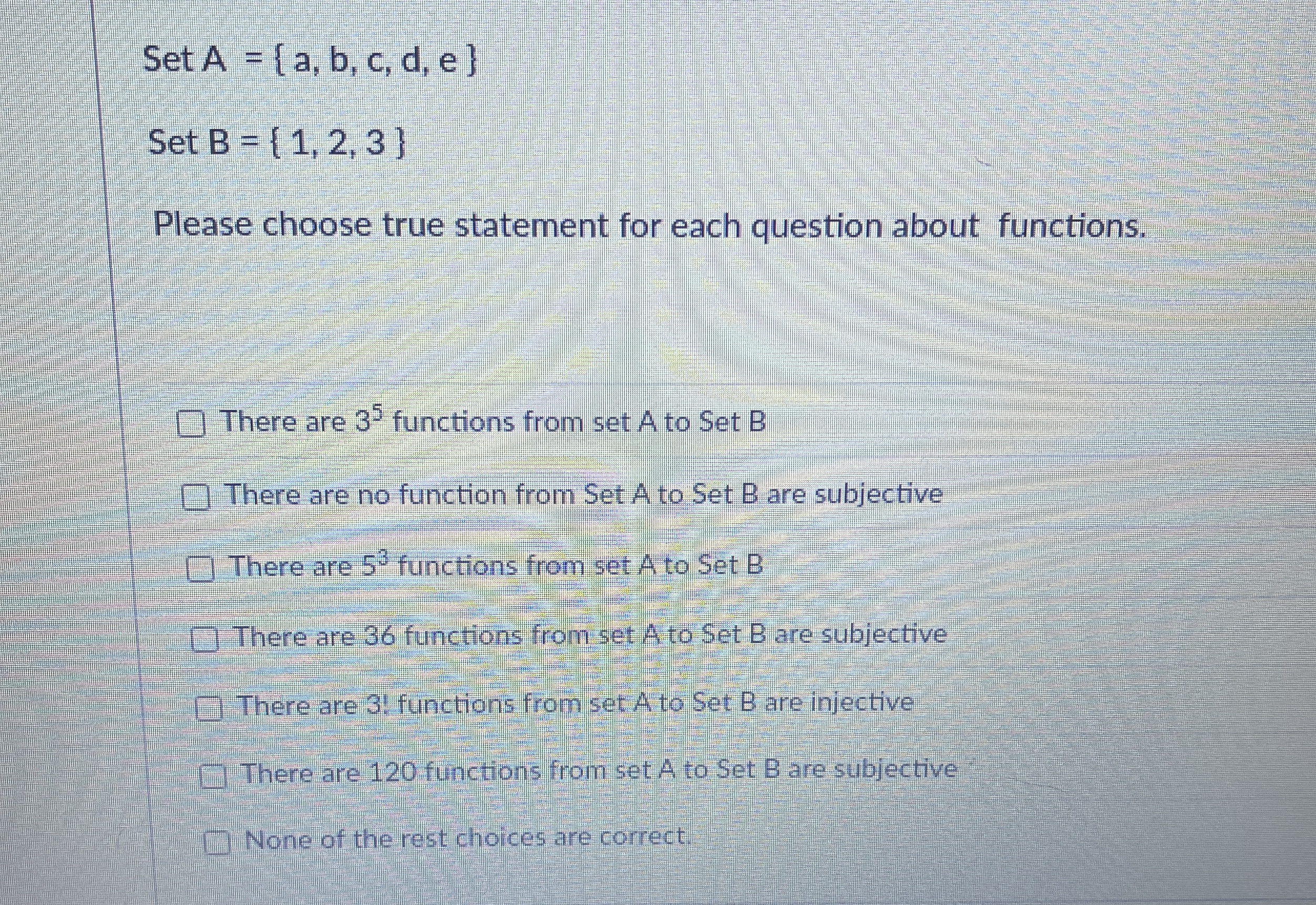 SetA = { a , b , c , d , e } Set B = { 1 , 2 , 3
