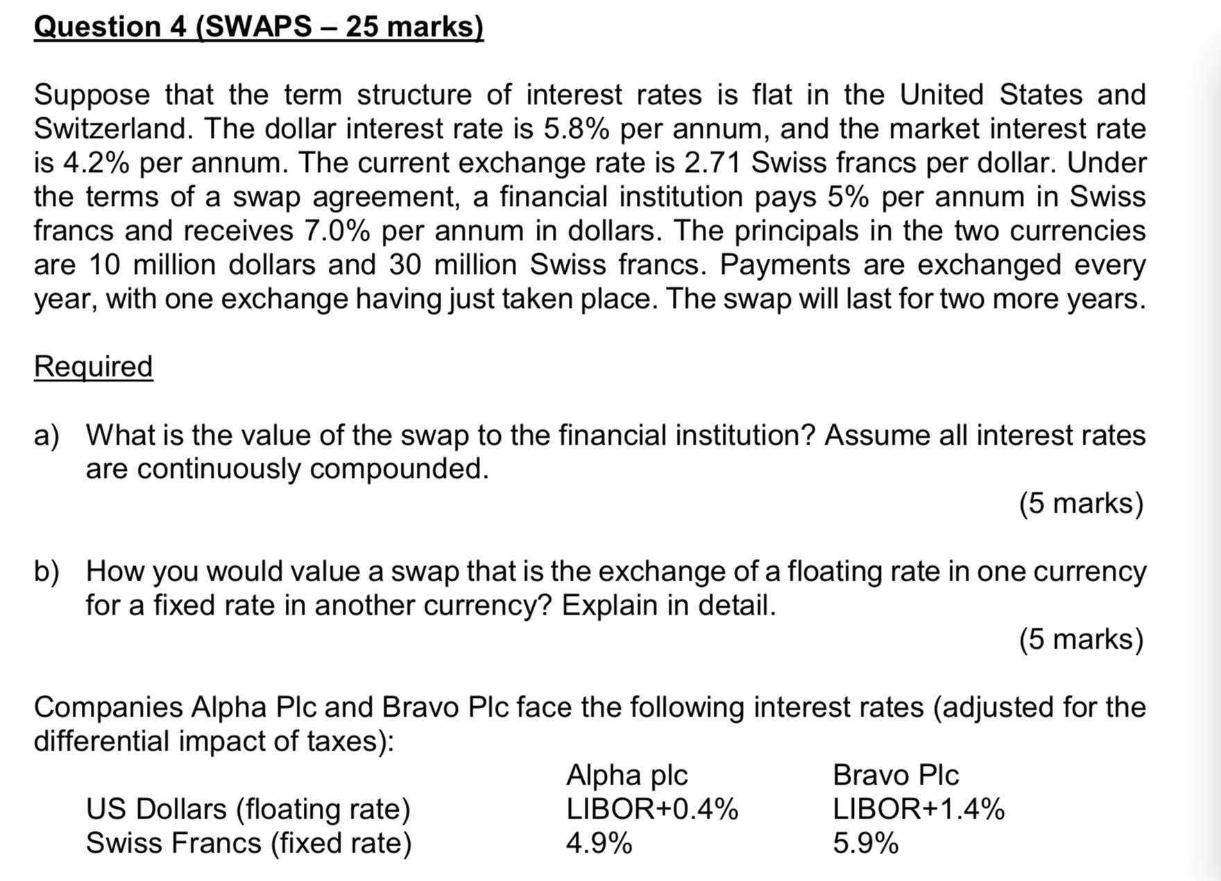Question 4 (SWAPS 25 marks) Suppose that the term