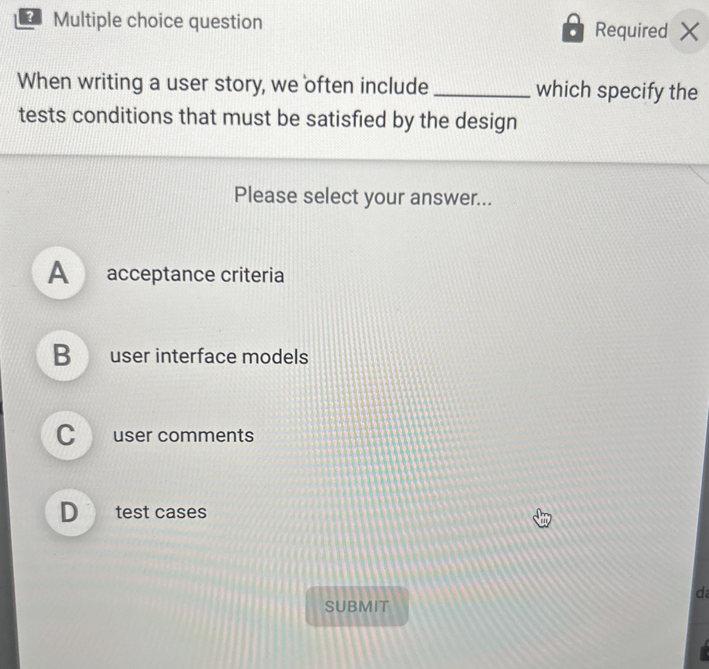 When writing a user story, we often include which
