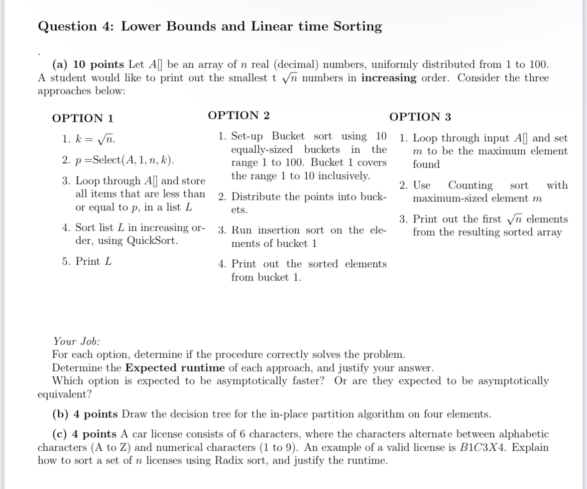 Question 4 : Lower Bounds and Linear time Sorting