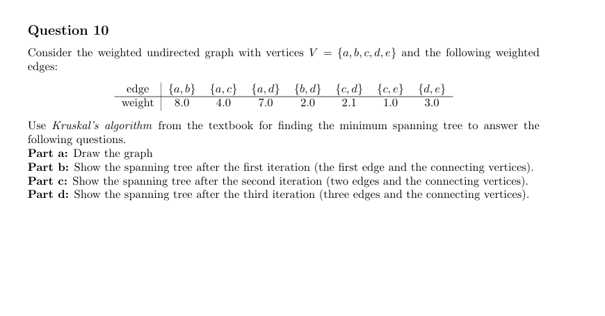 Question 1 0 Consider the weighted undirected