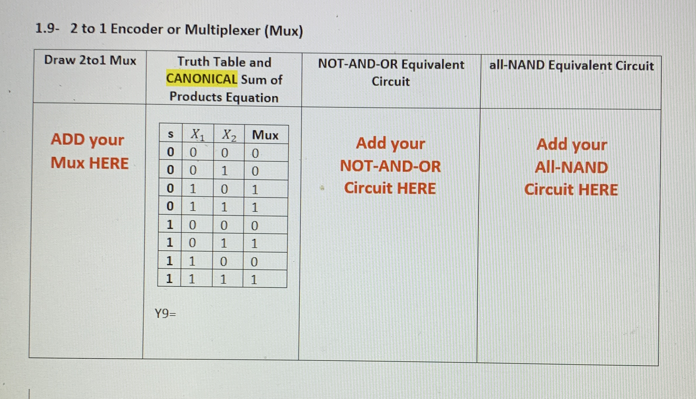 1 . 9 - 2 to 1 Encoder or Multiplexer ( Mux )