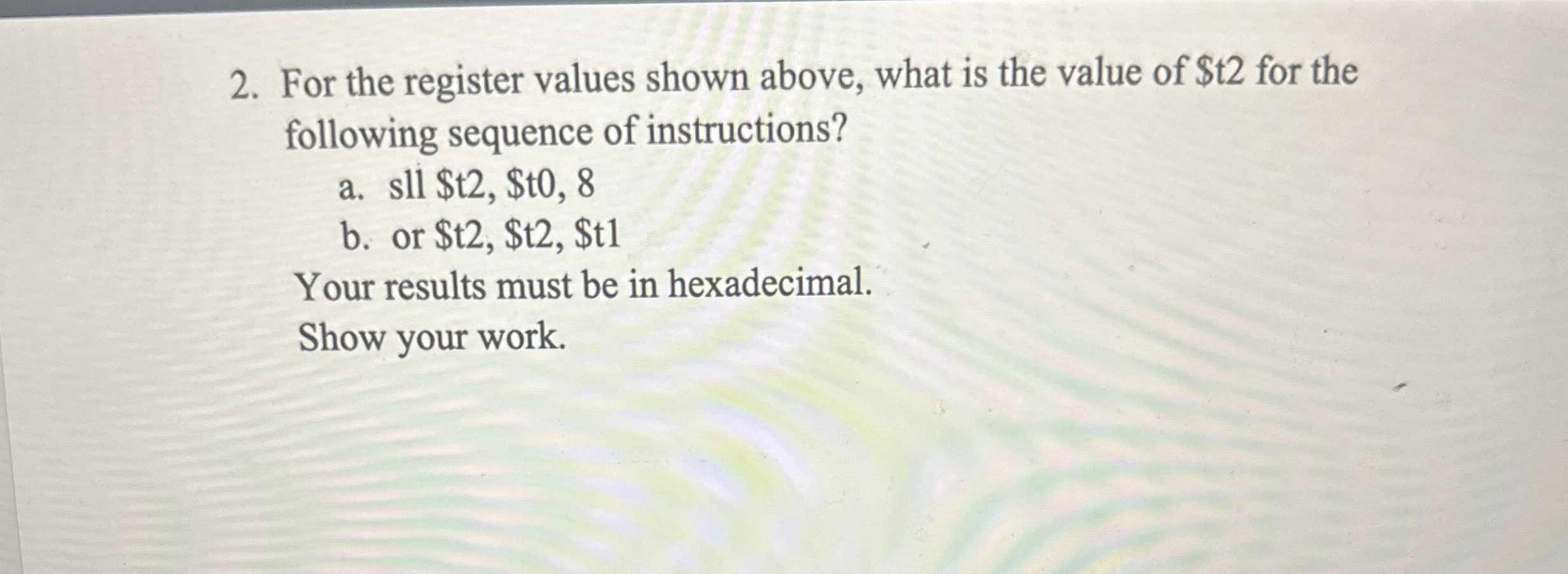 For the register values shown above, what is the
