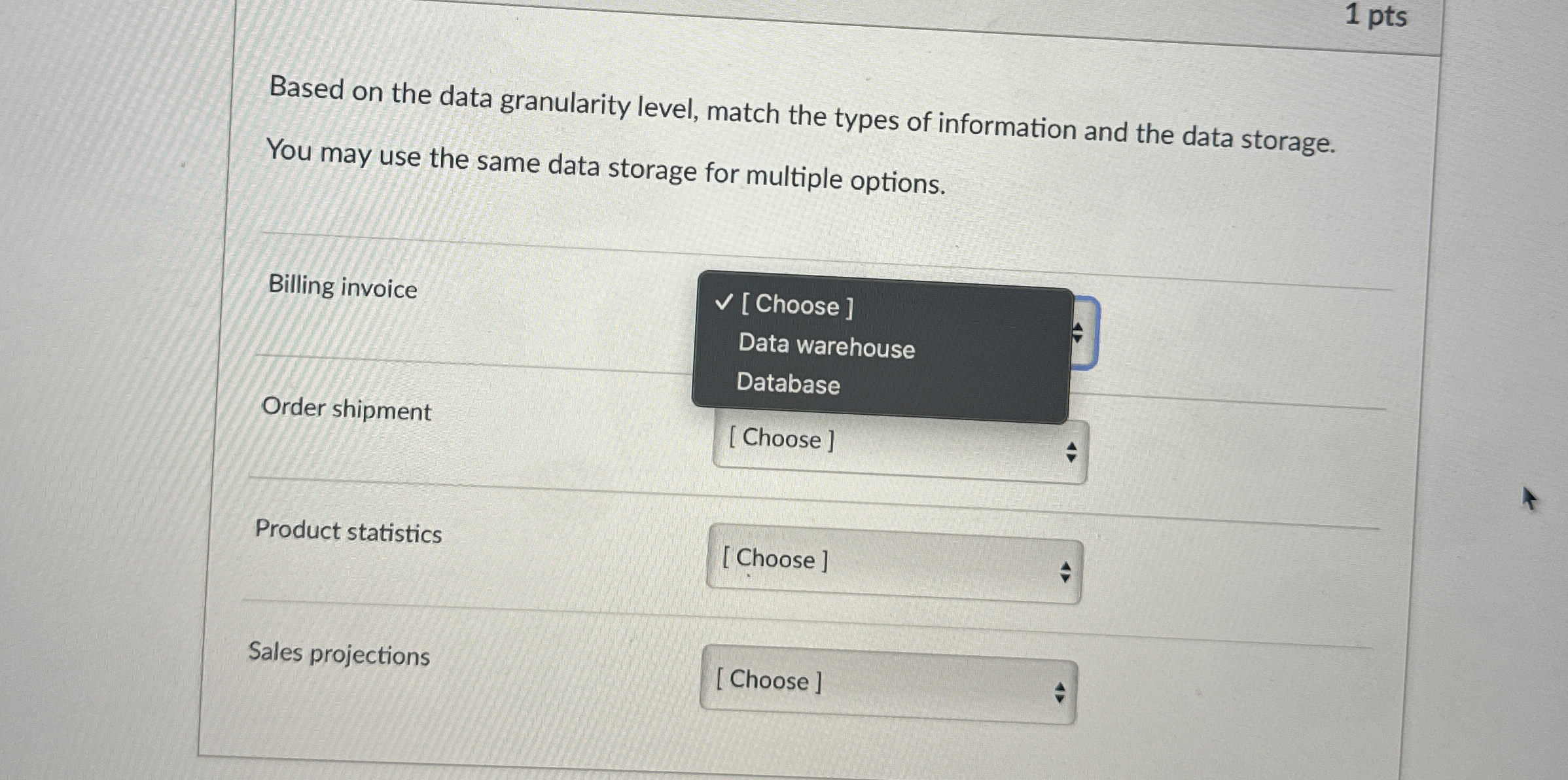 Based on the data granularity level, match the