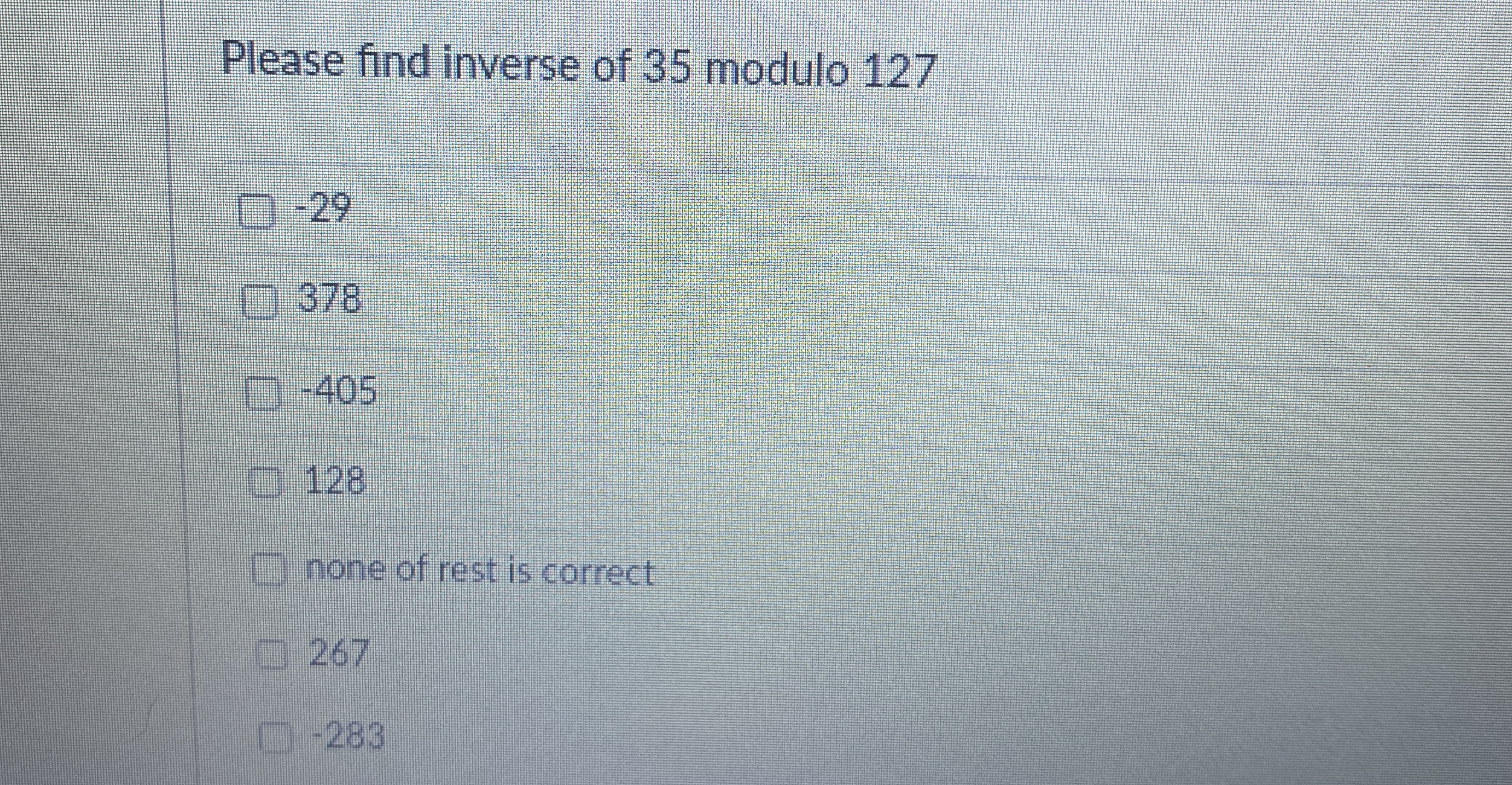 Please find inverse of 3 5 modulo 1 2 7 - 2 9 3 7