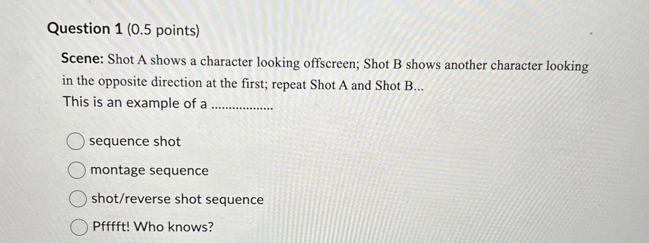 Question 1 ( 0 . 5 points ) Scene: Shot A shows a