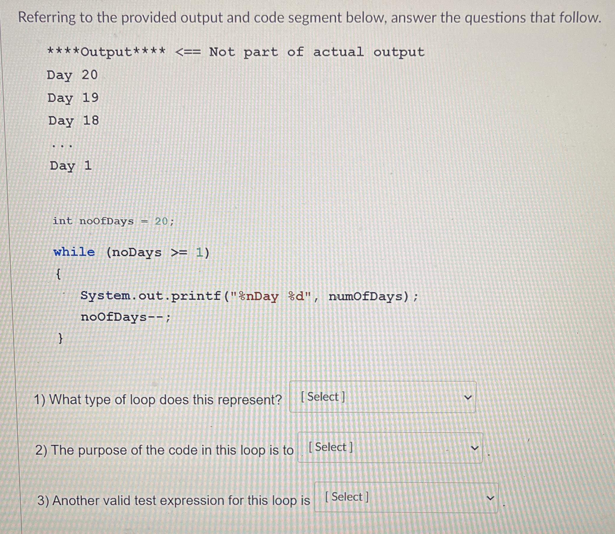 Referring to the provided output and code segment