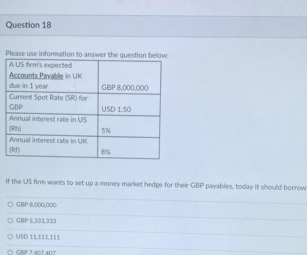 Question 18 Please use information to answer the