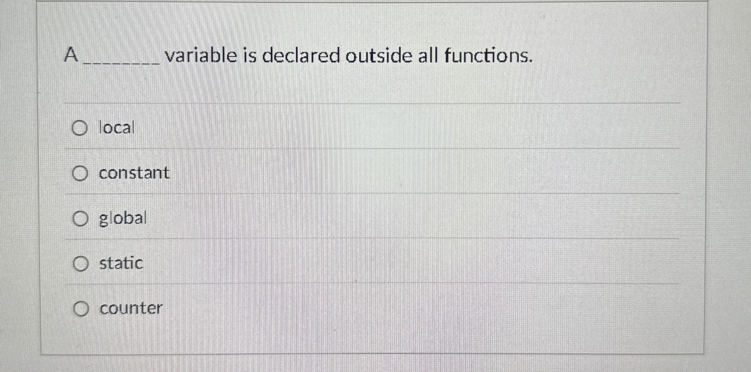 A variable is declared outside all functions.