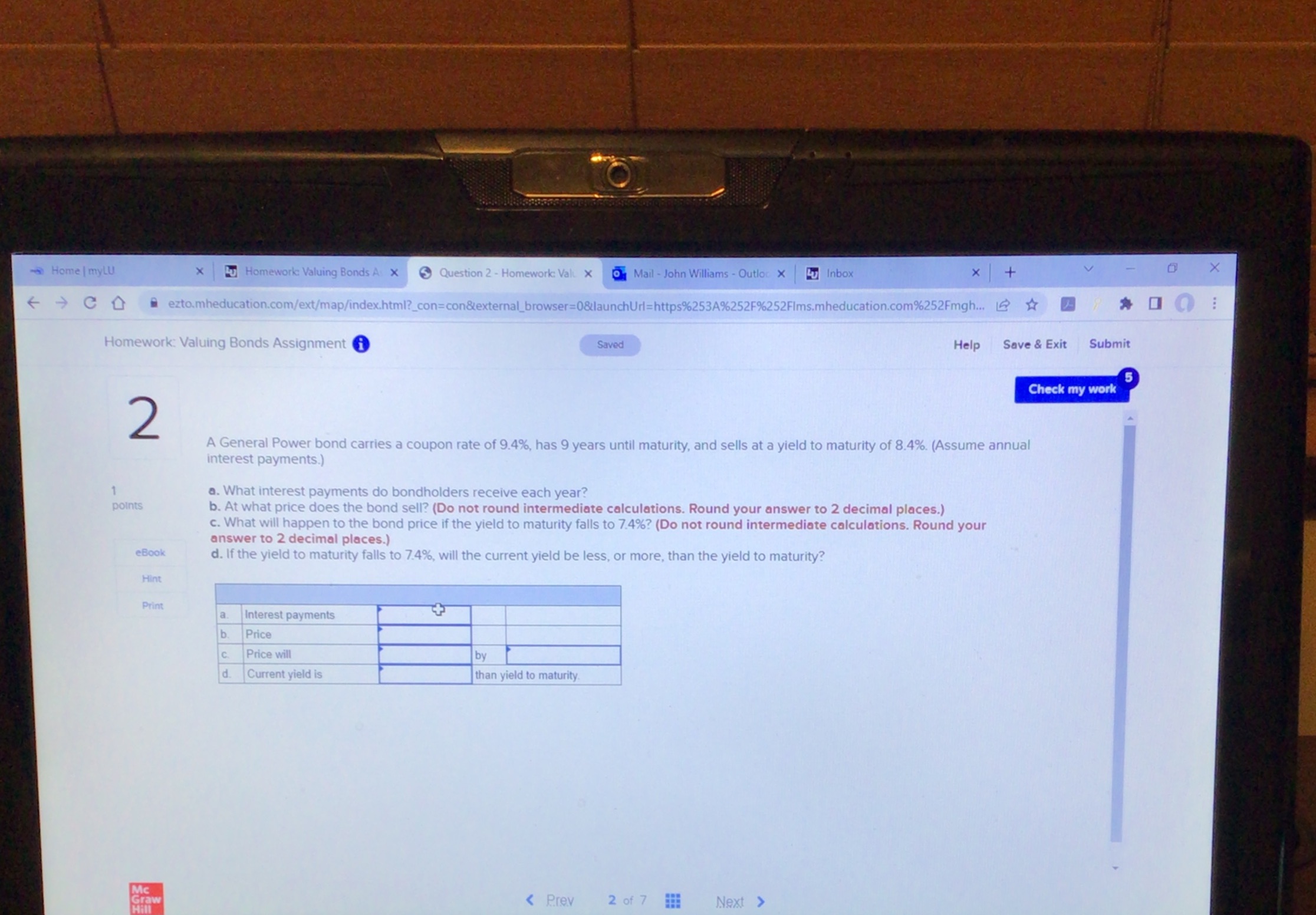 + V Home | myLU X Lu Homework: Valuing Bonds A X