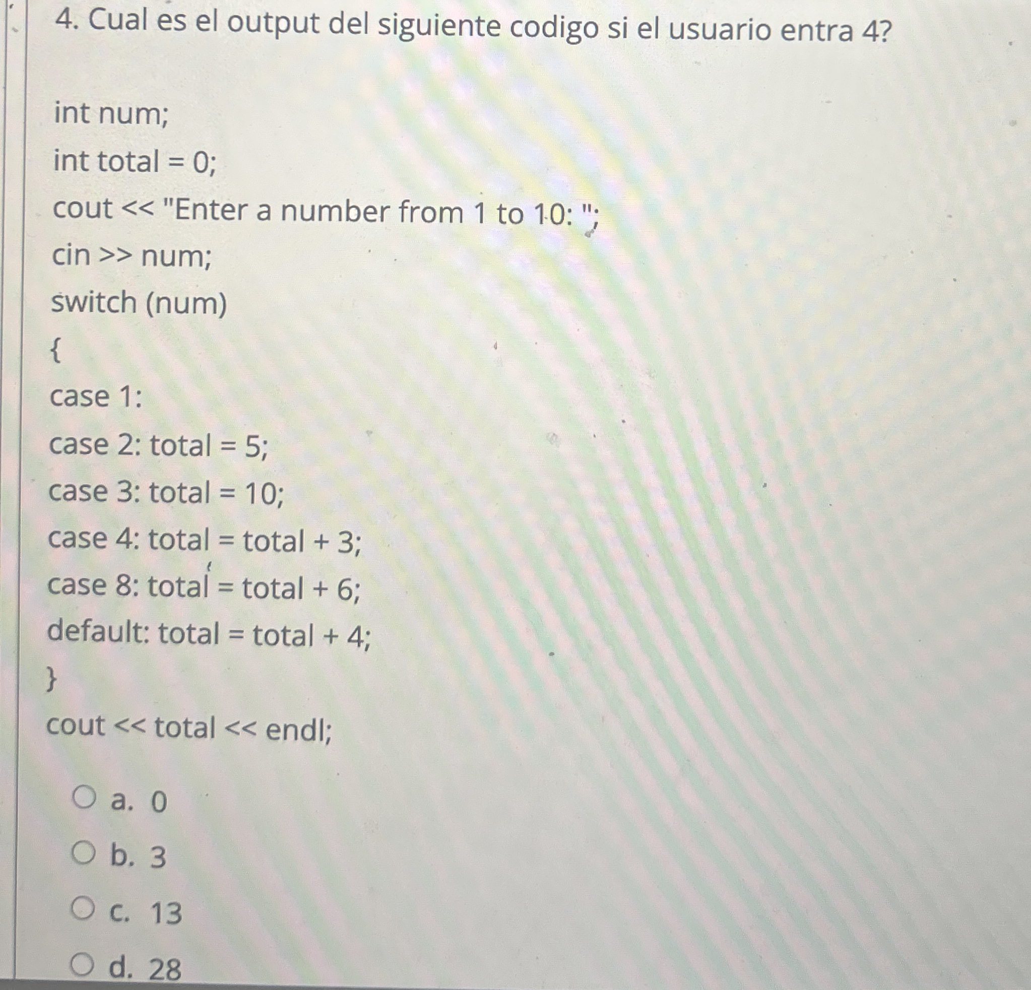 Cual es el output del siguiente codigo si el