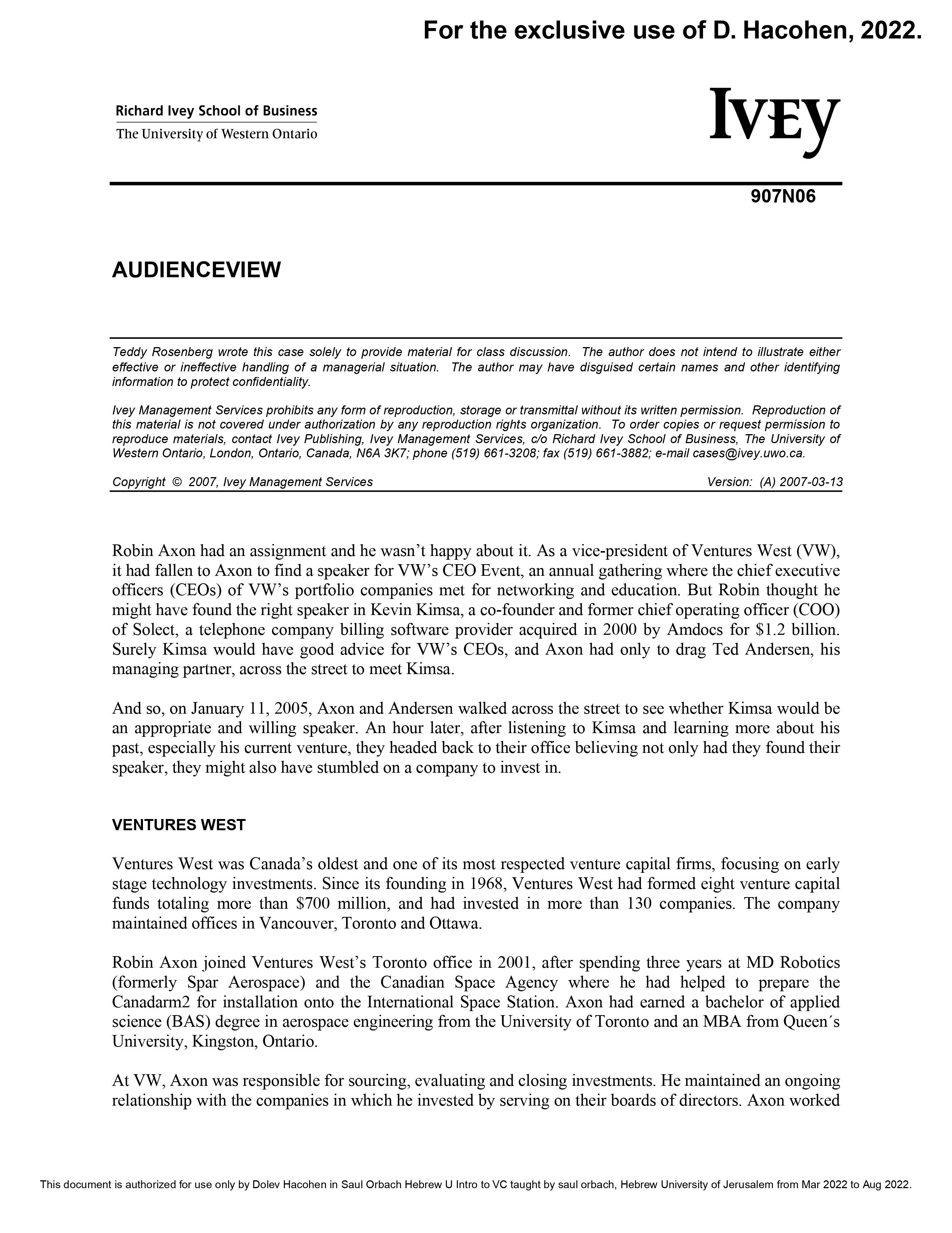 AudienceView Case (attached) Questions Identify